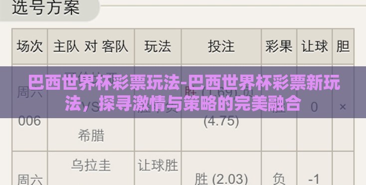 巴西世界杯彩票玩法-巴西世界杯彩票新玩法，探寻激情与策略的完美融合