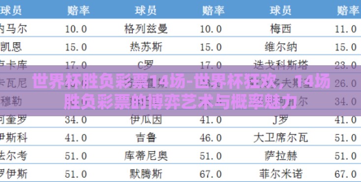 世界杯胜负彩票14场-世界杯狂欢，14场胜负彩票的博弈艺术与概率魅力