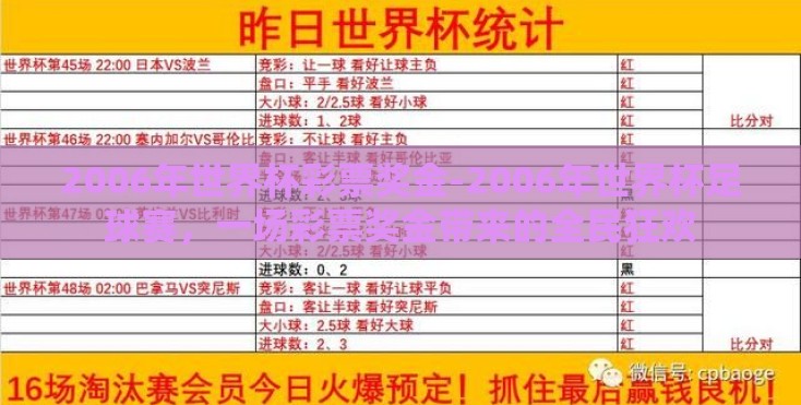 2006年世界杯彩票奖金-2006年世界杯足球赛，一场彩票奖金带来的全民狂欢